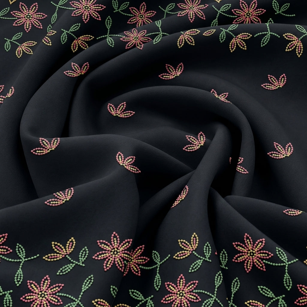 Swirled Black Embroidery Cotton Fabric Showing Border Floral and Drape