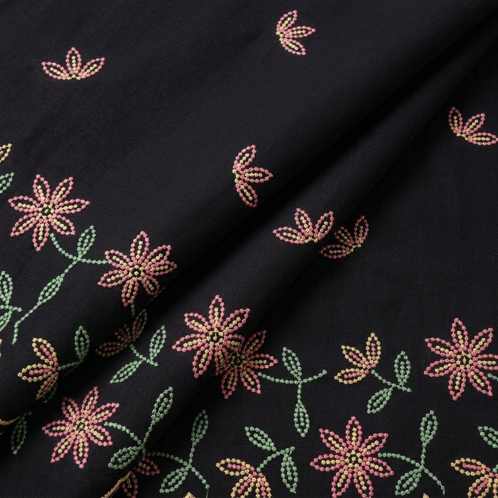 Black Embroidery Cotton Fabric, folded