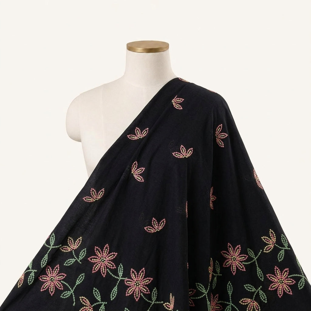 Black Embroidery Cotton Fabric Draped as a saree