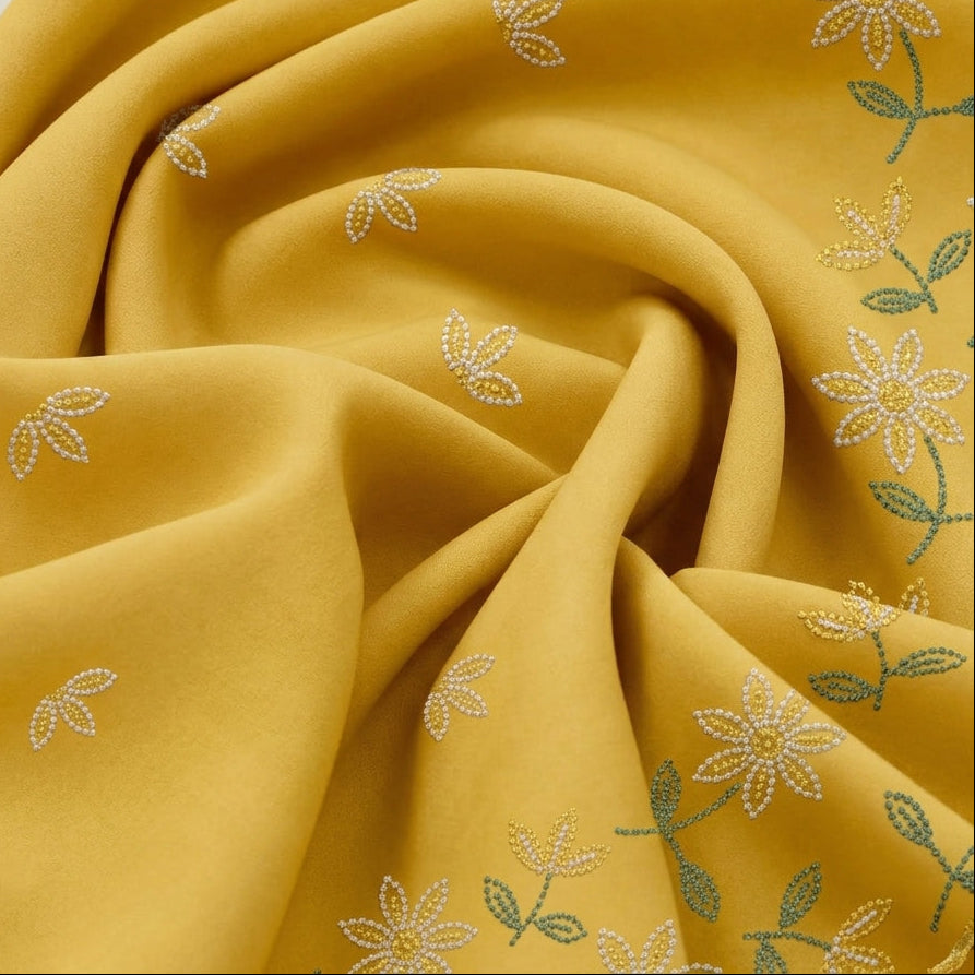 Yellow Embroidery Cotton Fabric, swirled to show the drape