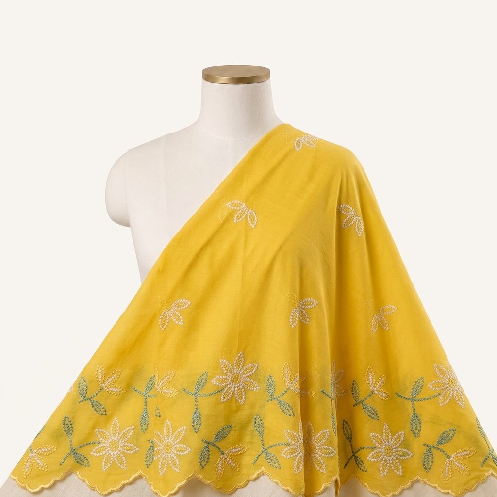 Yellow Embroidery Cotton Fabric Draped as a saree