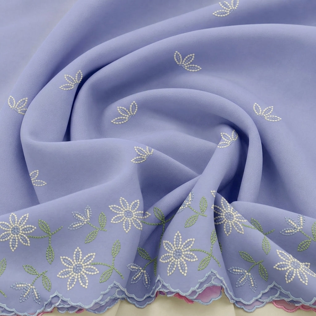 Violet Embroidery Cotton Fabric, swirled to show the drape