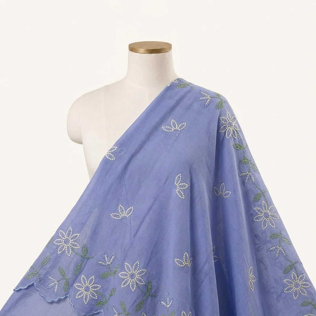 Violet Embroidery Cotton Fabric Draped as a saree