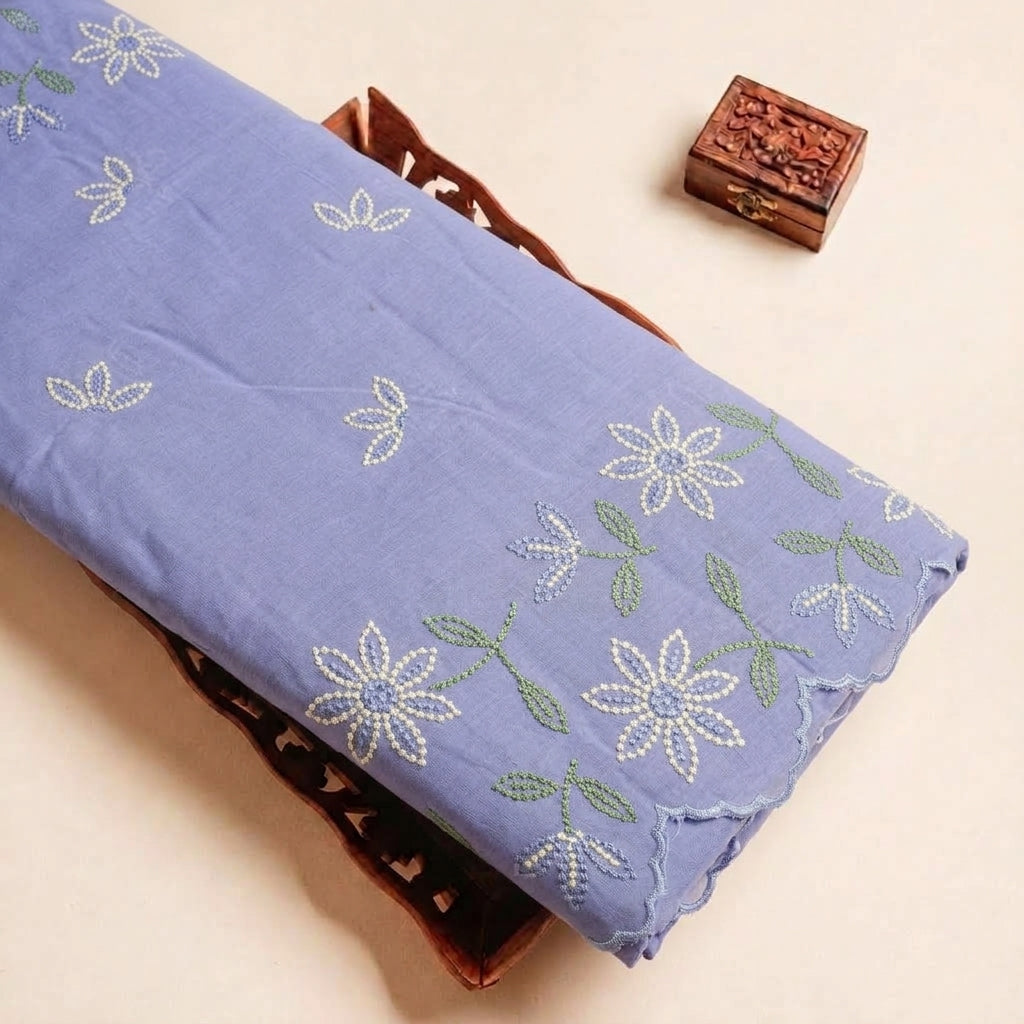 Folded Violet Embroidery Cotton Fabric Highlighting Border Floral and Texture