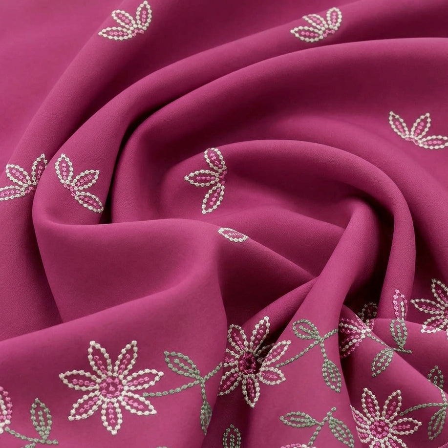 Swirled Pink Embroidery Cotton Fabric Showing Border Floral and Drape
