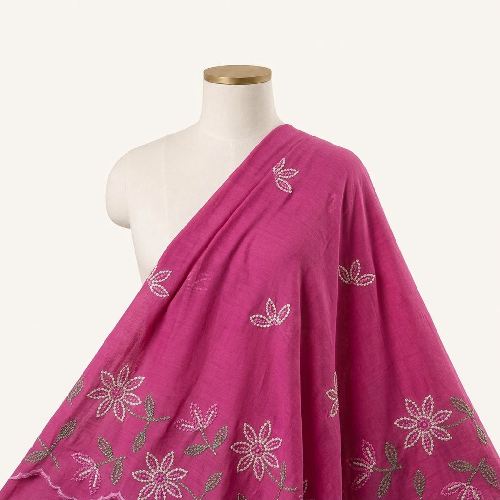 Pink Embroidery Cotton Fabric, draped as a saree
