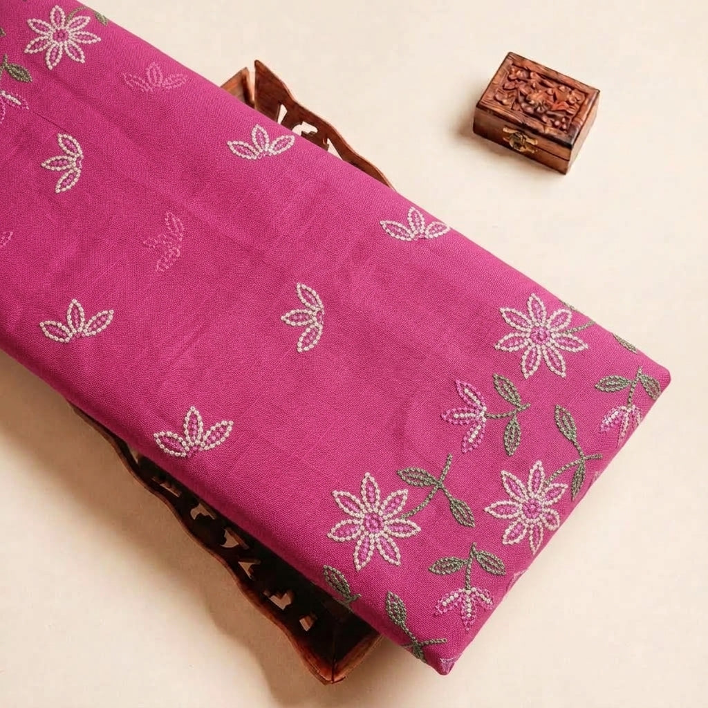 Pink Embroidery Cotton Fabric, folded