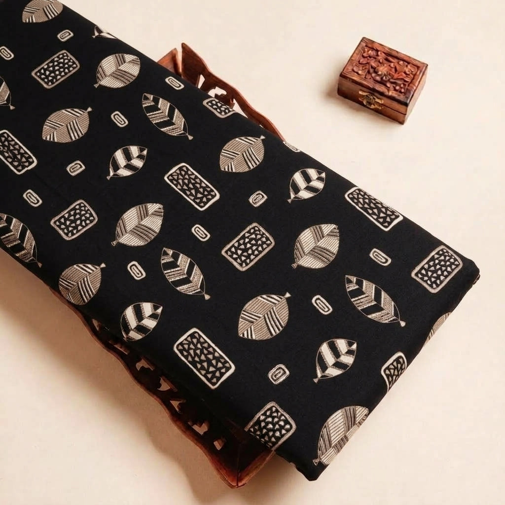 Folded Black Leaf Rayon Fabric Highlighting Texture