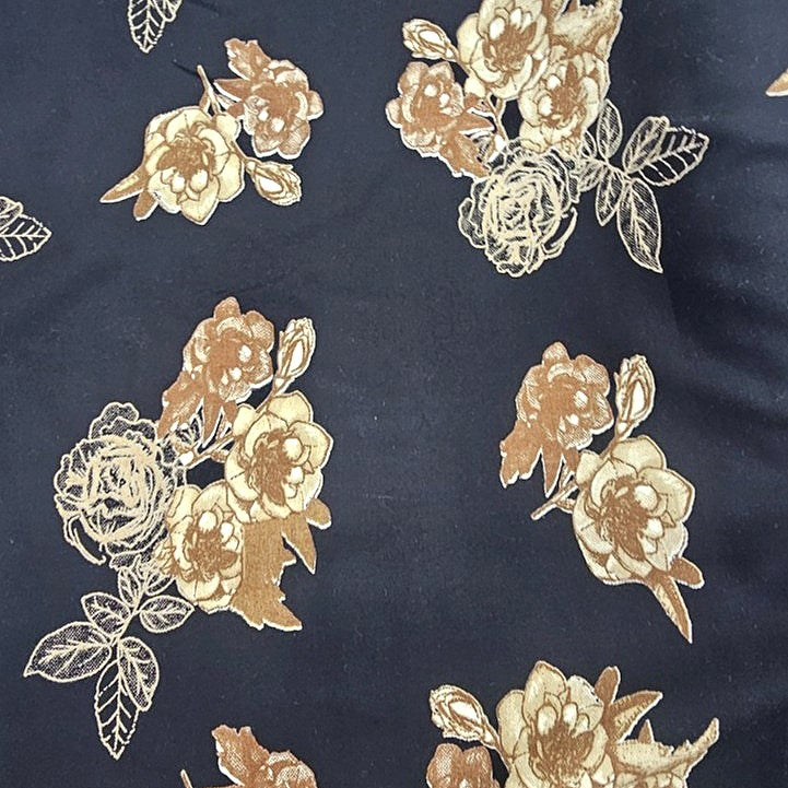 Dark Blue Floral Rayon Fabric, laid flat