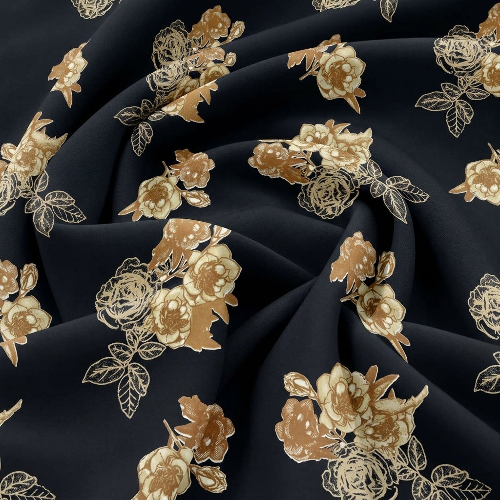 Swirled Dark Blue Floral Rayon Fabric Showing Drape