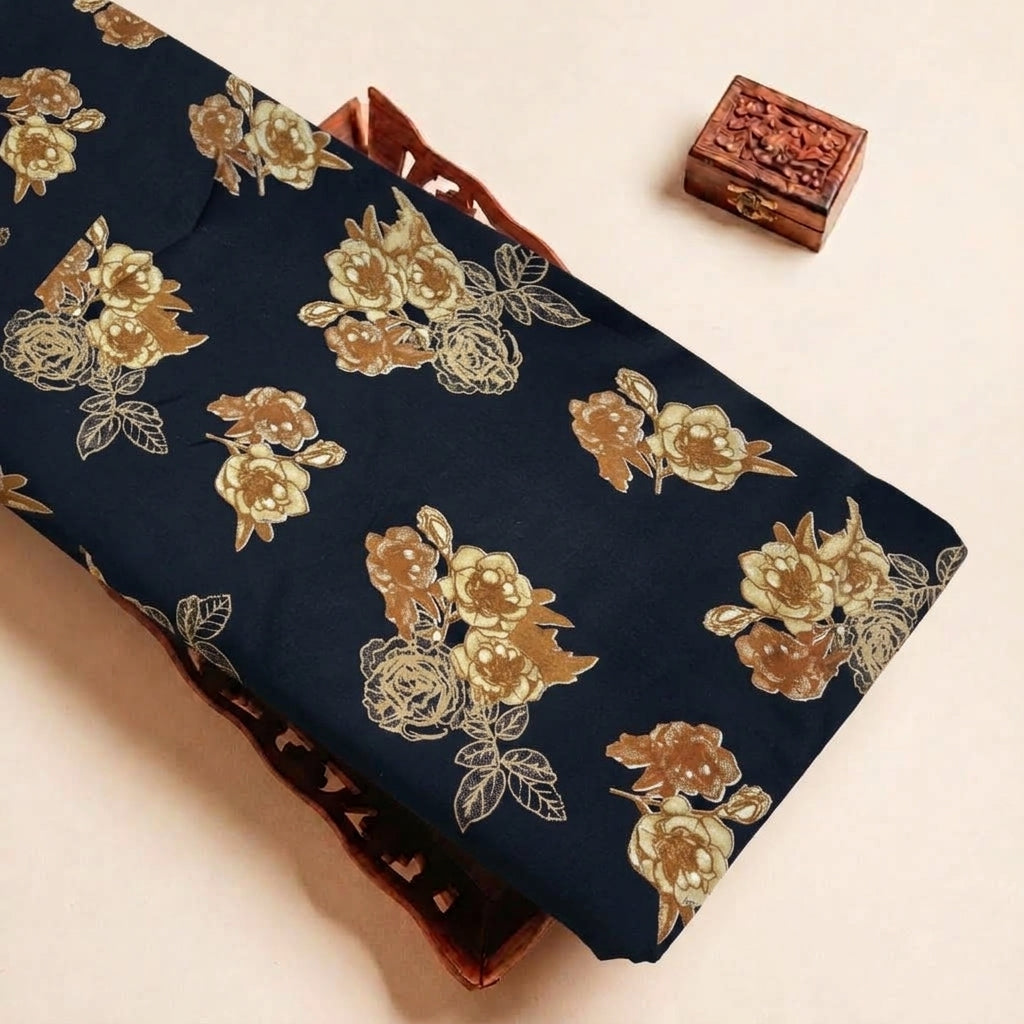 Dark Blue Floral Rayon Fabric, folded