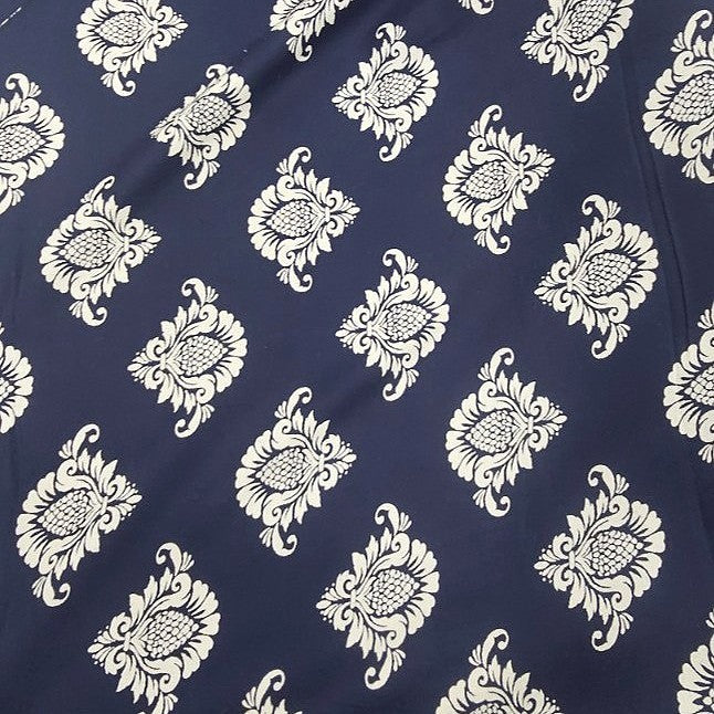 Dark Blue Floral Rayon Fabric, laid flat