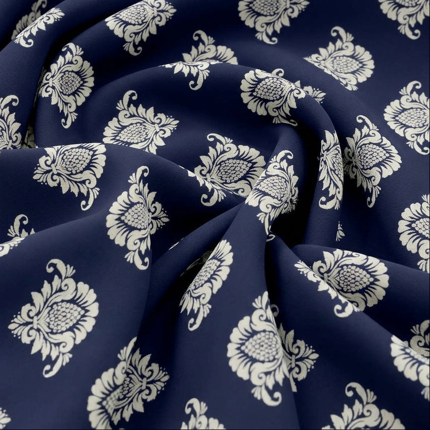 Swirled Dark Blue Floral Rayon Fabric Showing Drape