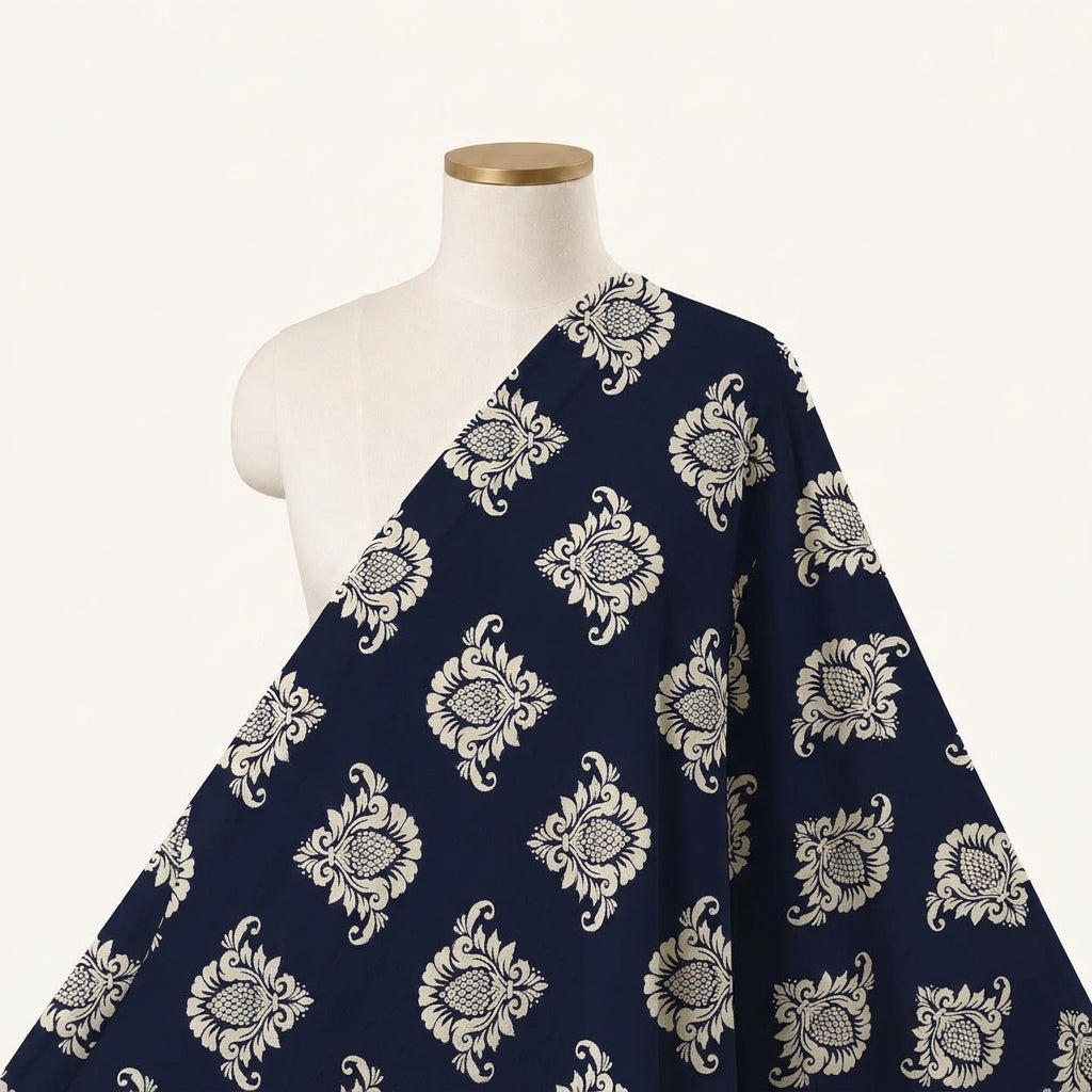 Dark Blue Floral Rayon Fabric Draped as a saree