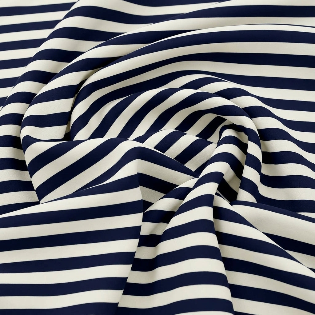 Swirled Dark Blue Stripes Rayon Fabric Showing Drape
