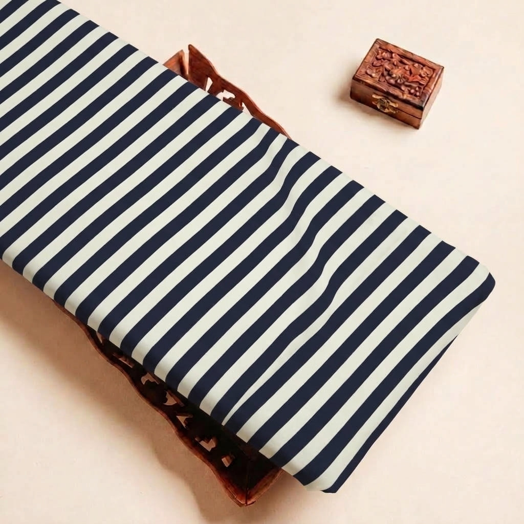 Folded Dark Blue Stripes Rayon Fabric Highlighting Texture