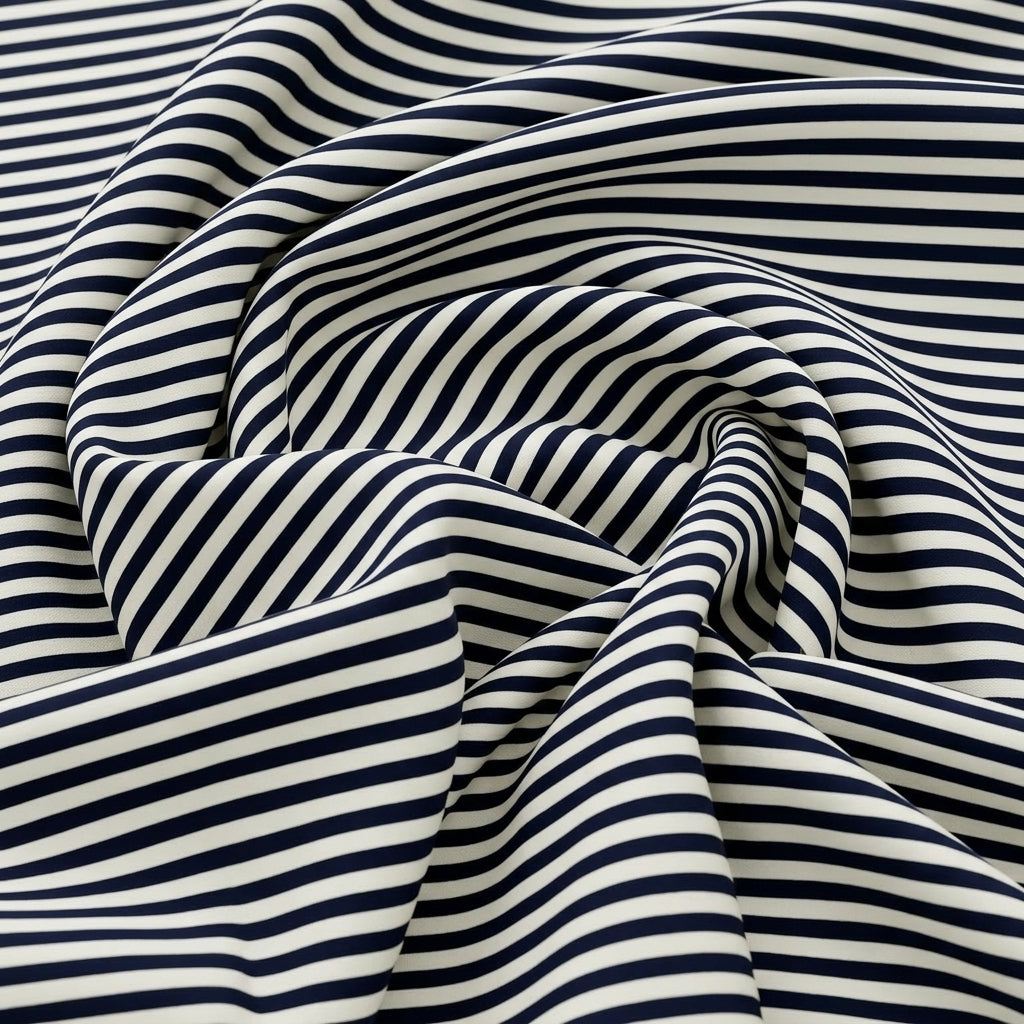 Swirled Black Stripes Rayon Fabric Showing Drape