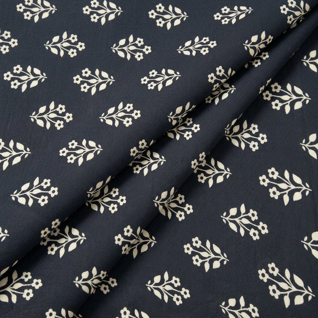 Black Floral Rayon Fabric, folded