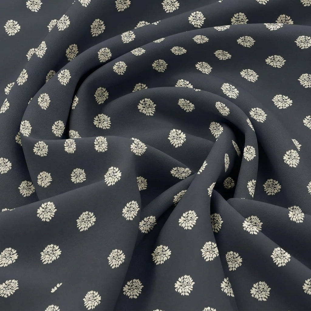 Swirled Black Floral Rayon Fabric Showing Drape