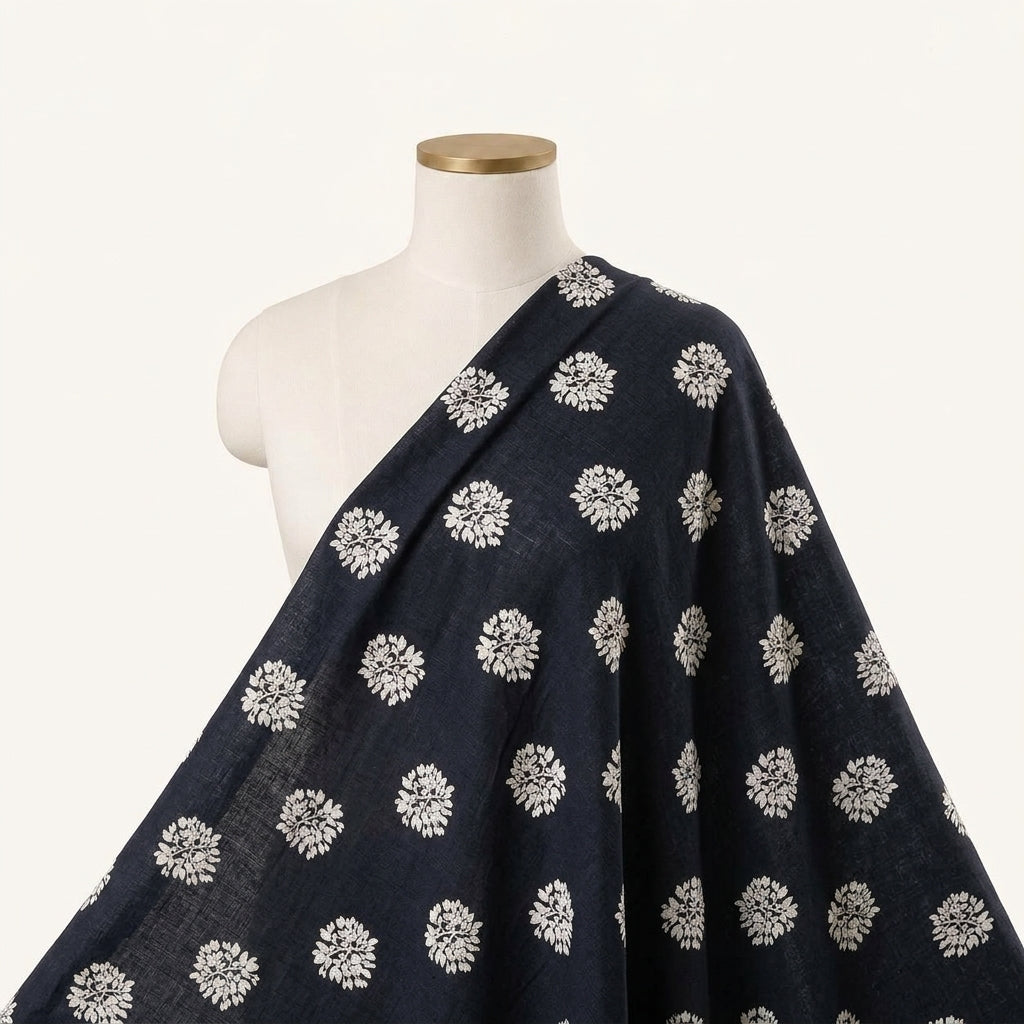 Black Floral Rayon Fabric, draped as a saree