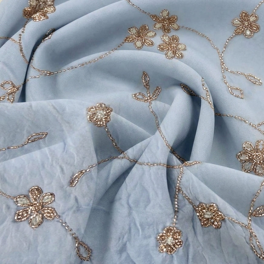 Swirled Blue Embroidery Organza Fabric Showing Viscose Floral Stone and Drape