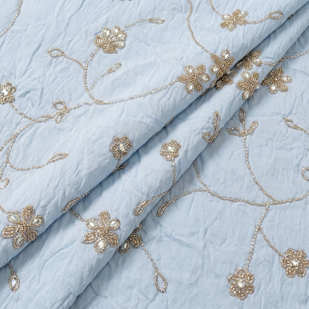 Blue Embroidery Organza Fabric, folded