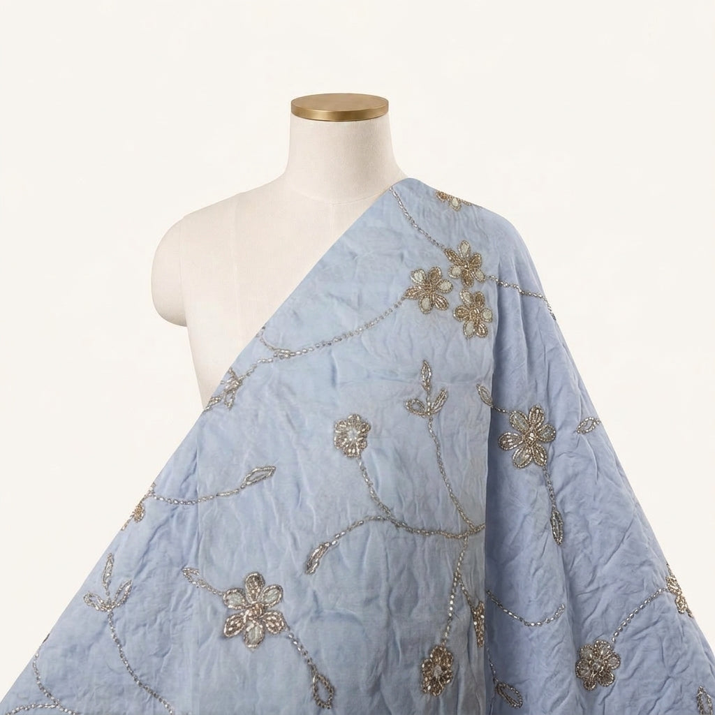 Blue Embroidery Organza Fabric Draped as a saree