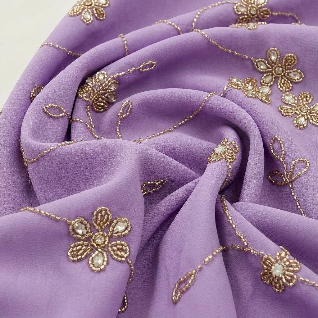 Violet Embroidery Organza Fabric, swirled to show the drape