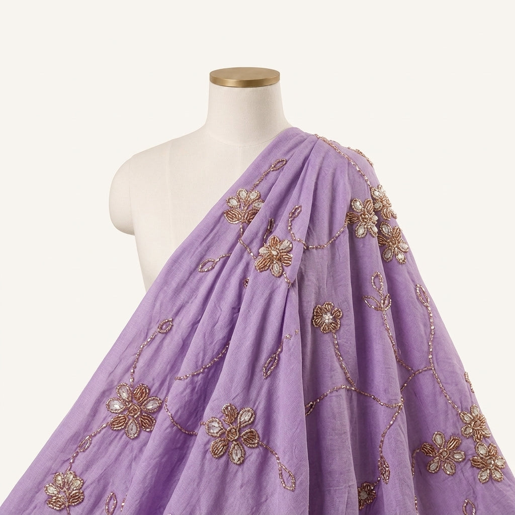 Violet Embroidery Organza Fabric Draped as a saree