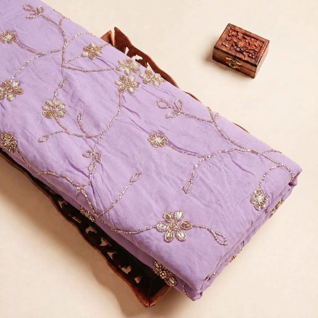 Folded Violet Embroidery Organza Fabric Highlighting Viscose Floral Stone and Texture