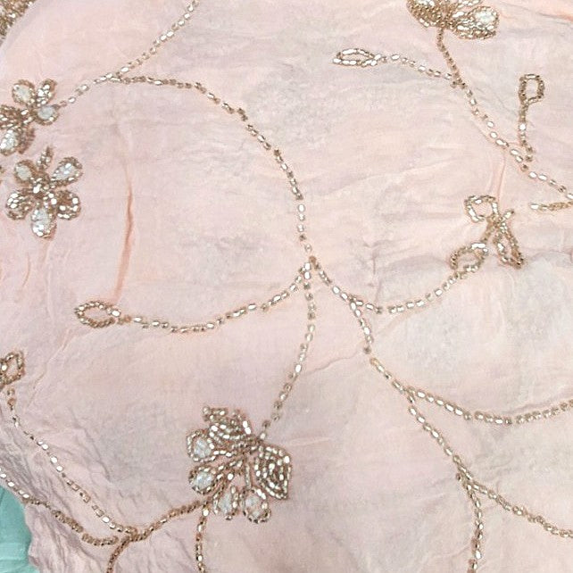 Baby Pink Embroidery Organza Fabric, laid flat
