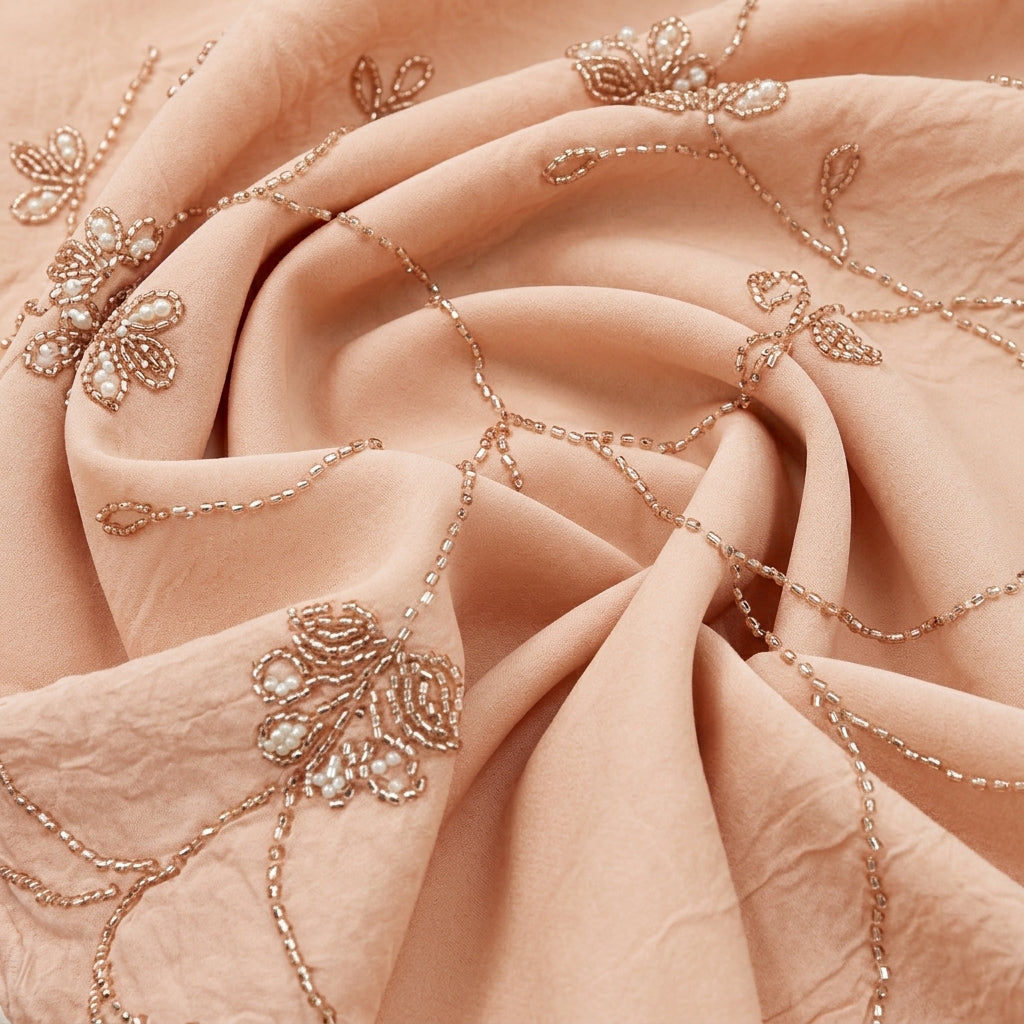 Baby Pink Embroidery Organza Fabric, swirled to show the drape