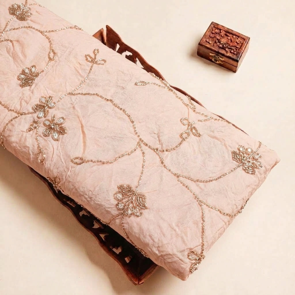 Baby Pink Embroidery Organza Fabric, folded