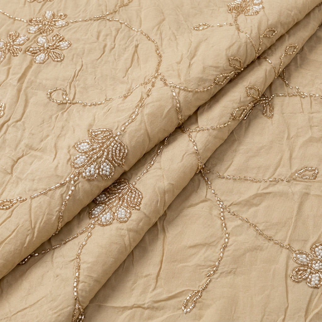 Beige Embroidery Organza Fabric, folded