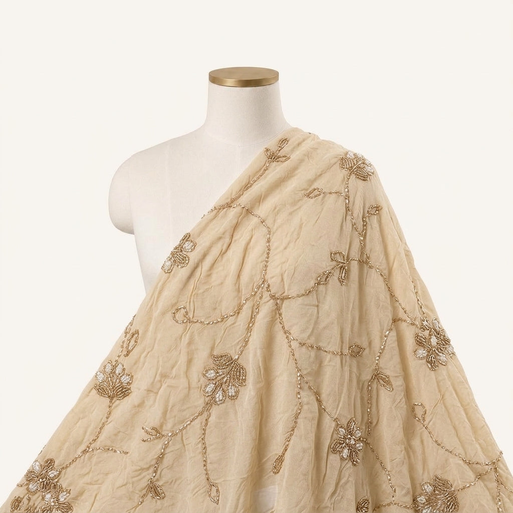 Beige Embroidery Organza Fabric Draped as a saree
