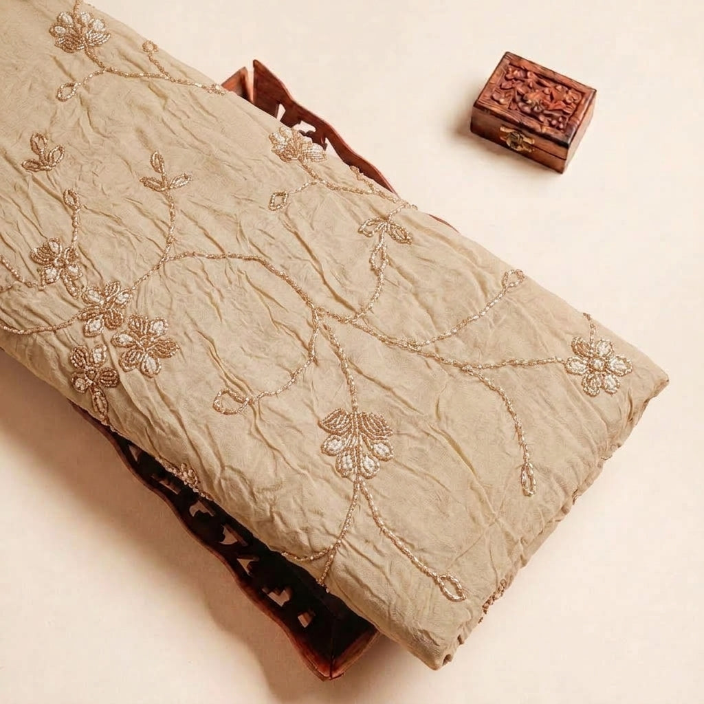 Beige Embroidery Organza Fabric, folded