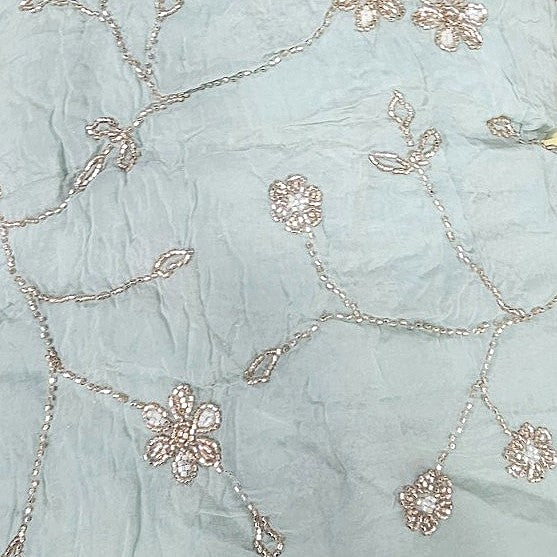 Light Blue Embroidery Organza Fabric, laid flat
