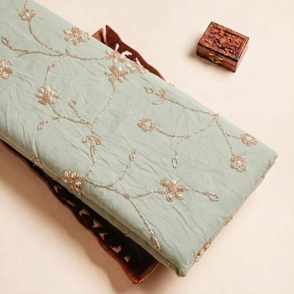 Light Blue Embroidery Organza Fabric, folded