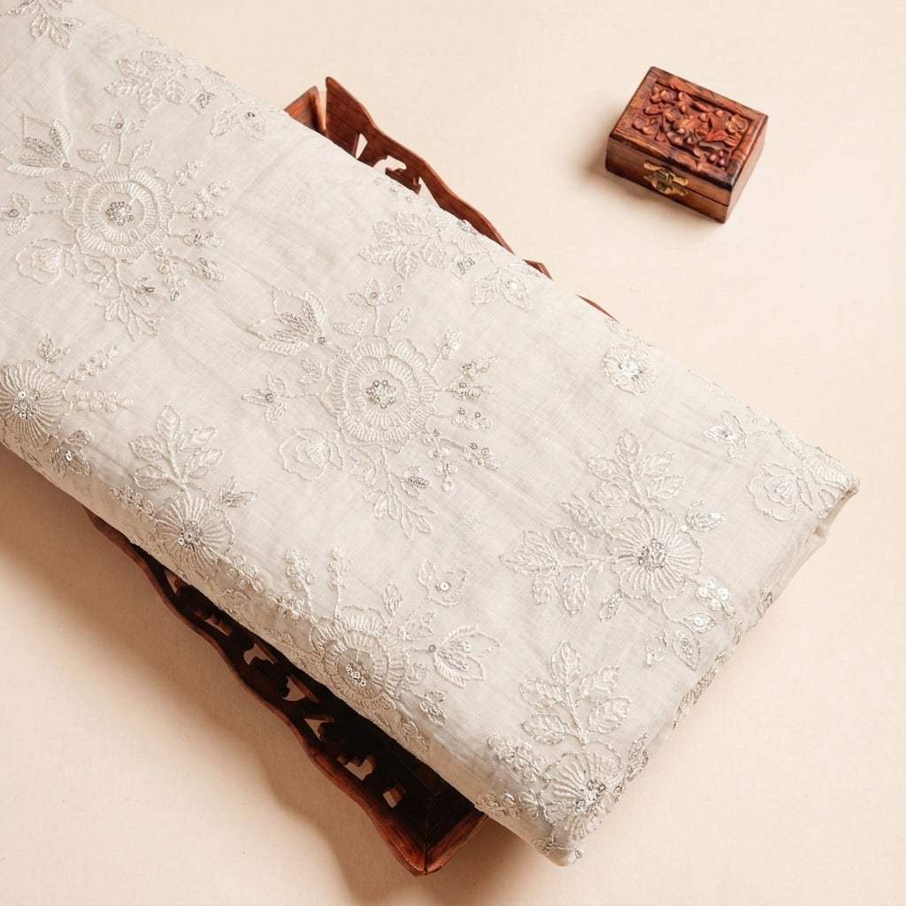Beige Embroidery Tissue Fabric, folded