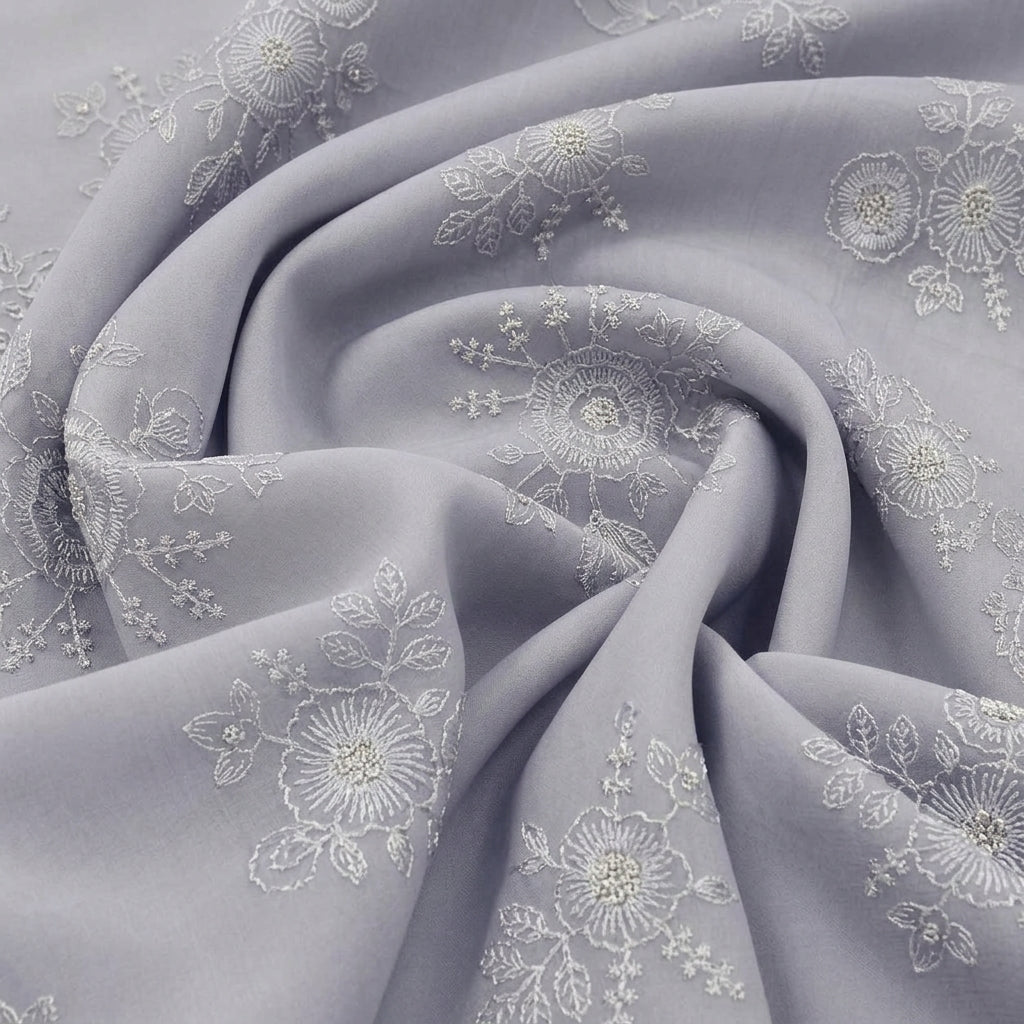 Light Violet Embroidery Tissue Fabric, swirled to show the drape