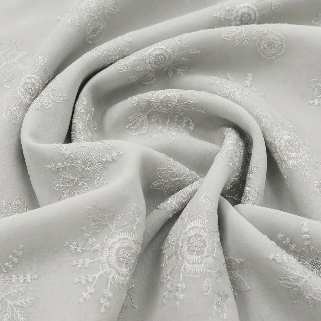 Swirled Grey Embroidery Tissue Fabric Showing Floral Sequin Thread Work and Drape