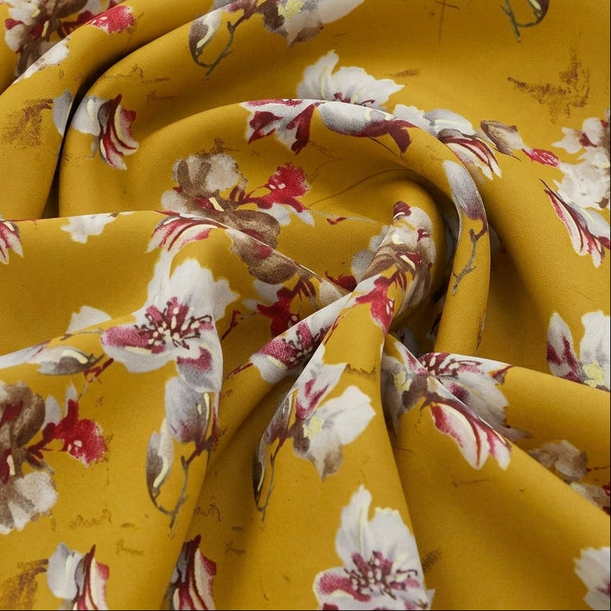 Swirled Yellow Foil Print Rayon Fabric Showing Floral and Drape