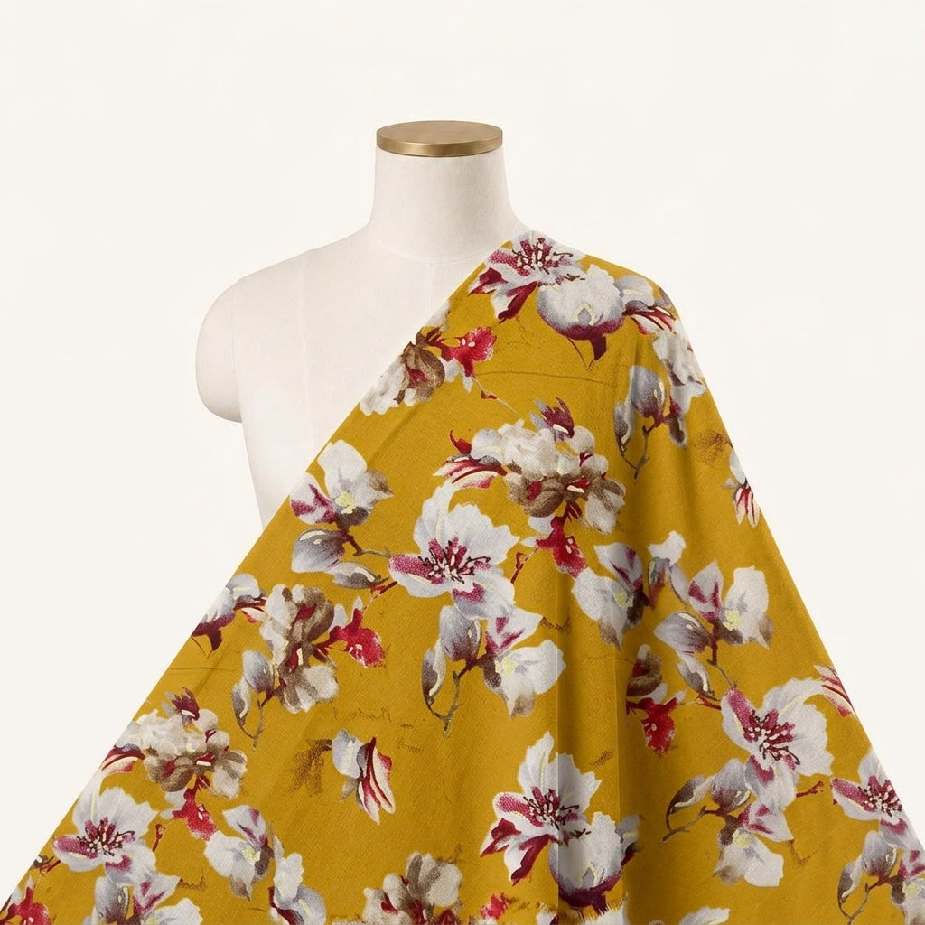 Yellow Foil Print Rayon Fabric Draped as a saree