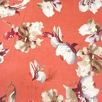 Dark Peach Foil Print Rayon Fabric, laid flat