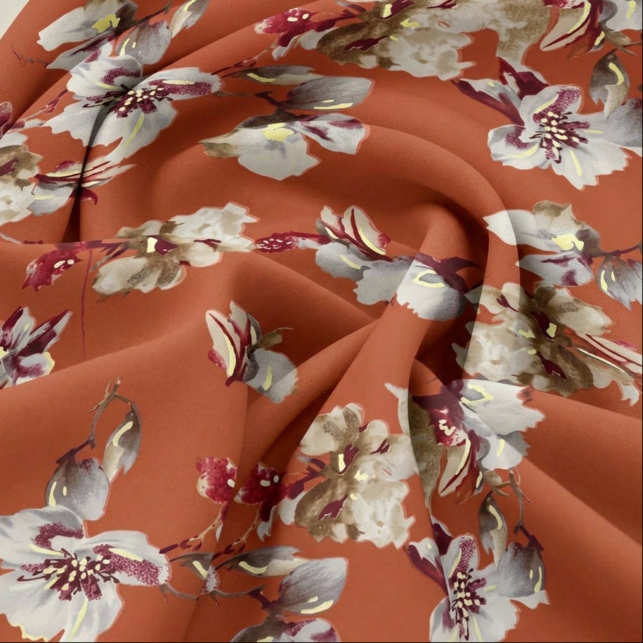Swirled Dark Peach Foil Print Rayon Fabric Showing Floral and Drape