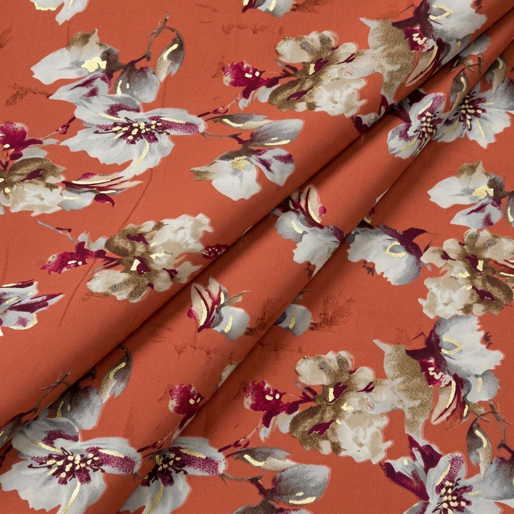 Folded Dark Peach Foil Print Rayon Fabric