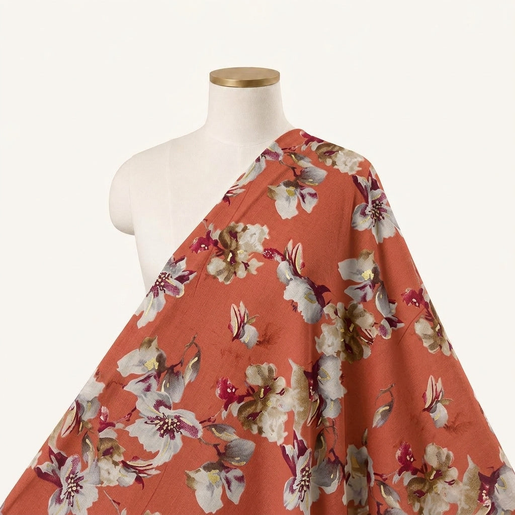 Dark Peach Foil Print Rayon Fabric Draped as a saree