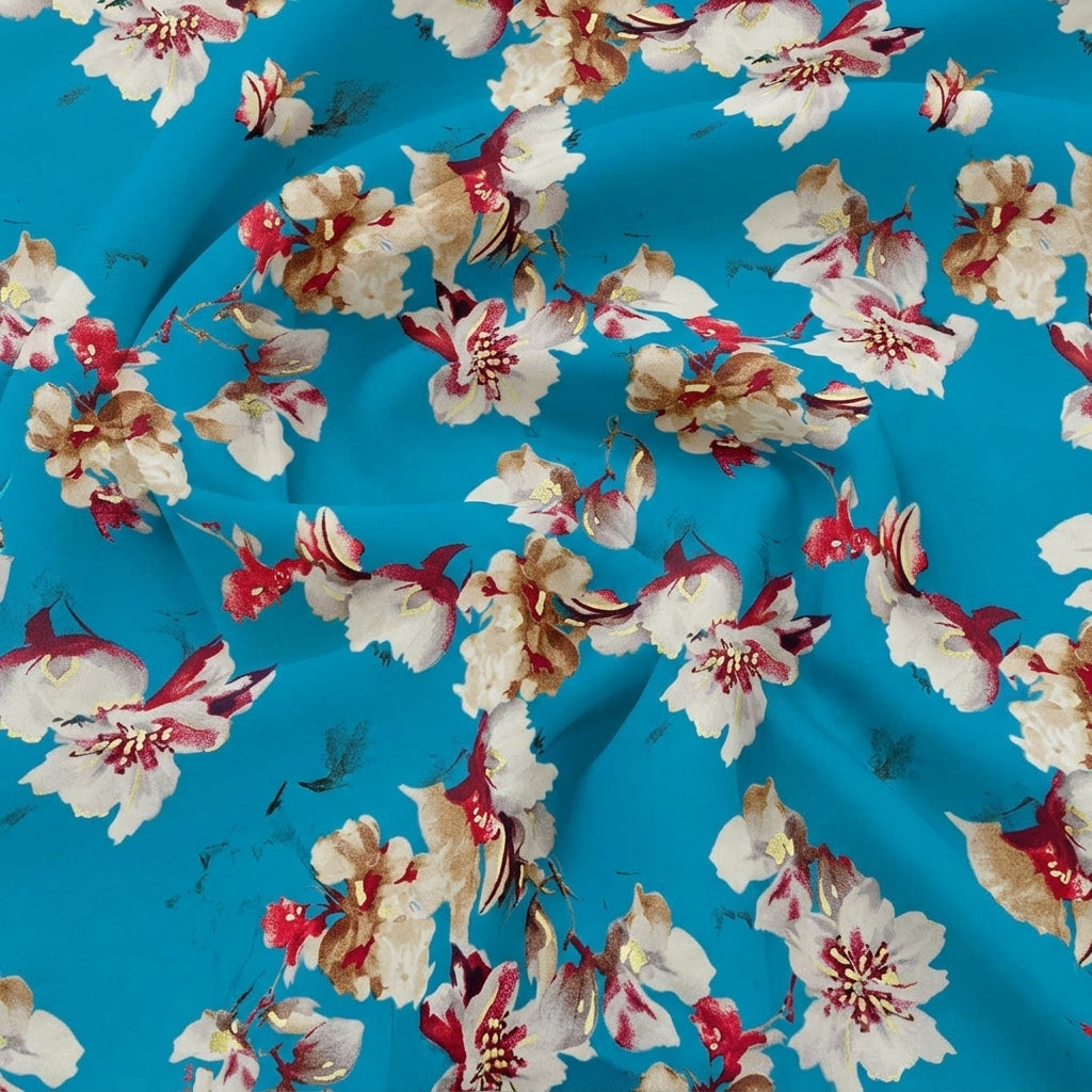 Swirled Blue Foil Print Rayon Fabric Showing Floral and Drape
