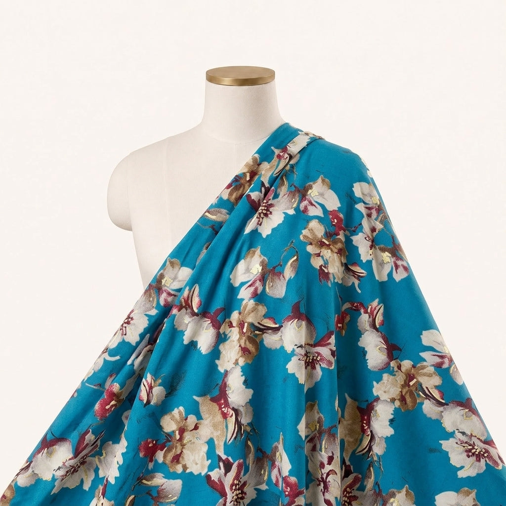 Blue Foil Print Rayon Fabric Draped as a saree