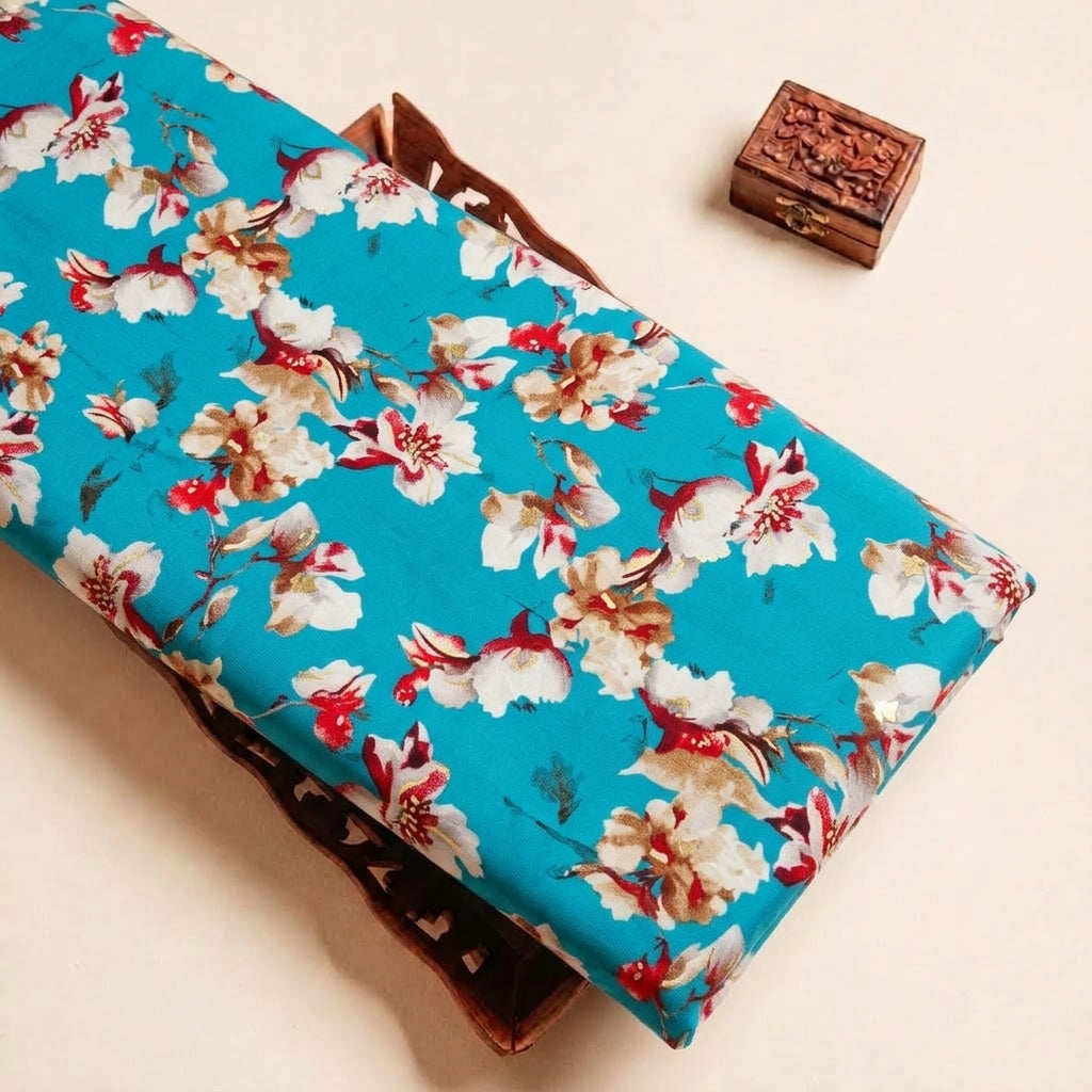 Folded Blue Foil Print Rayon Fabric Highlighting Floral and Texture